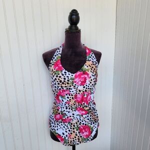 NWOT NOON SWIM Women's Ruched Halter 1 Piece Swimming Suit Leopard Floral Sz 18